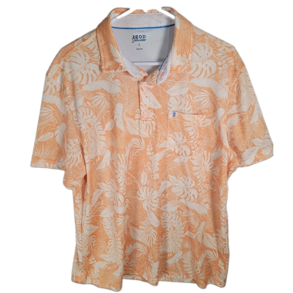IZOD Saltwater Shirt Mens Large Orange Tropical Floral Palm Pocket Golf Polo Top